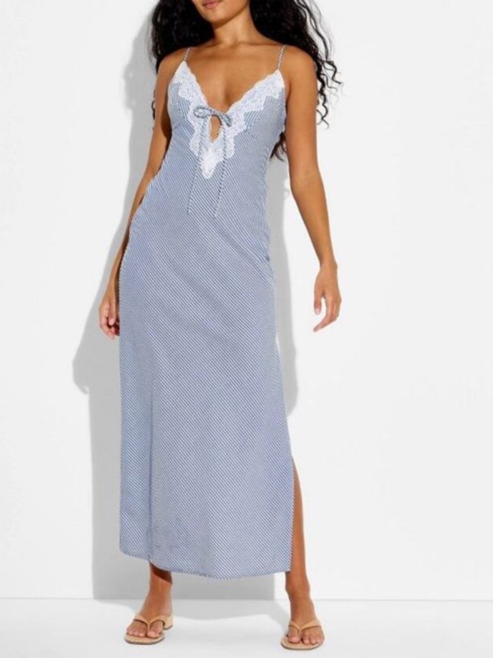 wild fable Blue Striped Lace-Trim Slip Dress